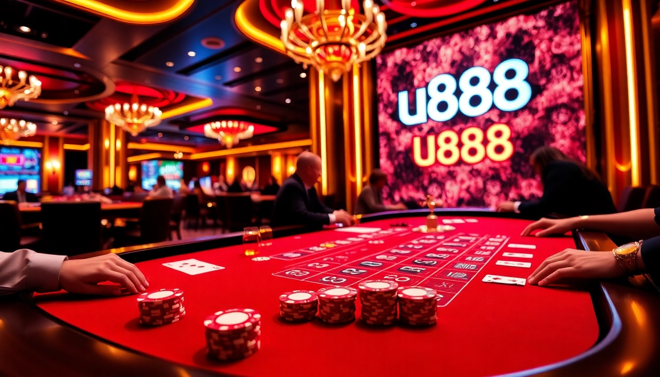 Players enjoying a thrilling game at u888 casino, showcasing poker chips and vibrant roulette wheel.