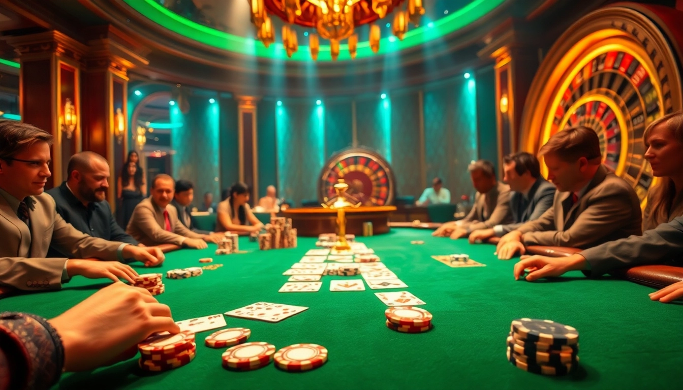 Experience the thrill of BDTK666 at a luxurious poker table surrounded by excited gamblers.