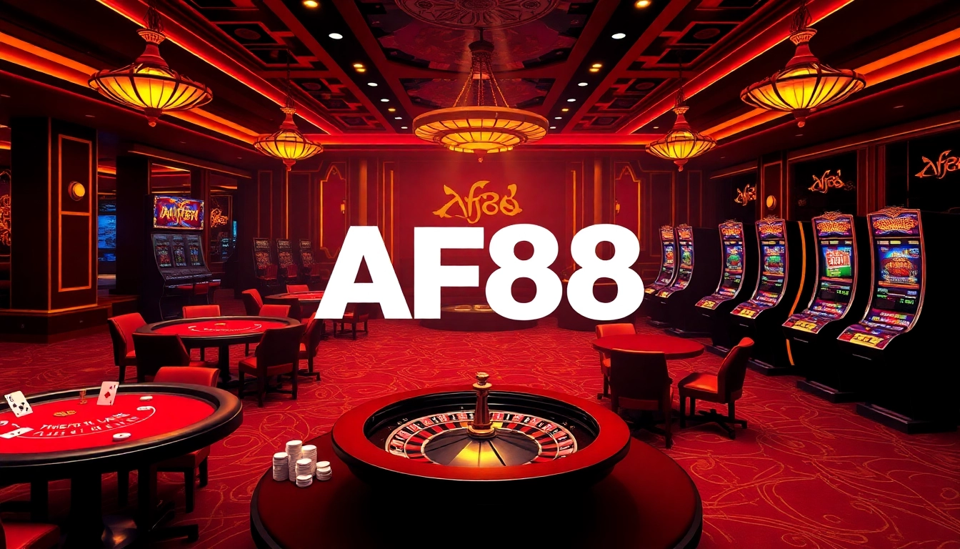 An engaging casino scene featuring AF88 logo and vibrant gaming elements for online gambling.