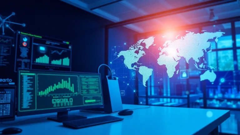 快连下载 - Visual representation of global network connectivity with advanced tech at a modern workspace.