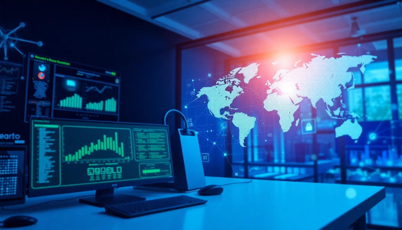 快连下载 - Visual representation of global network connectivity with advanced tech at a modern workspace.