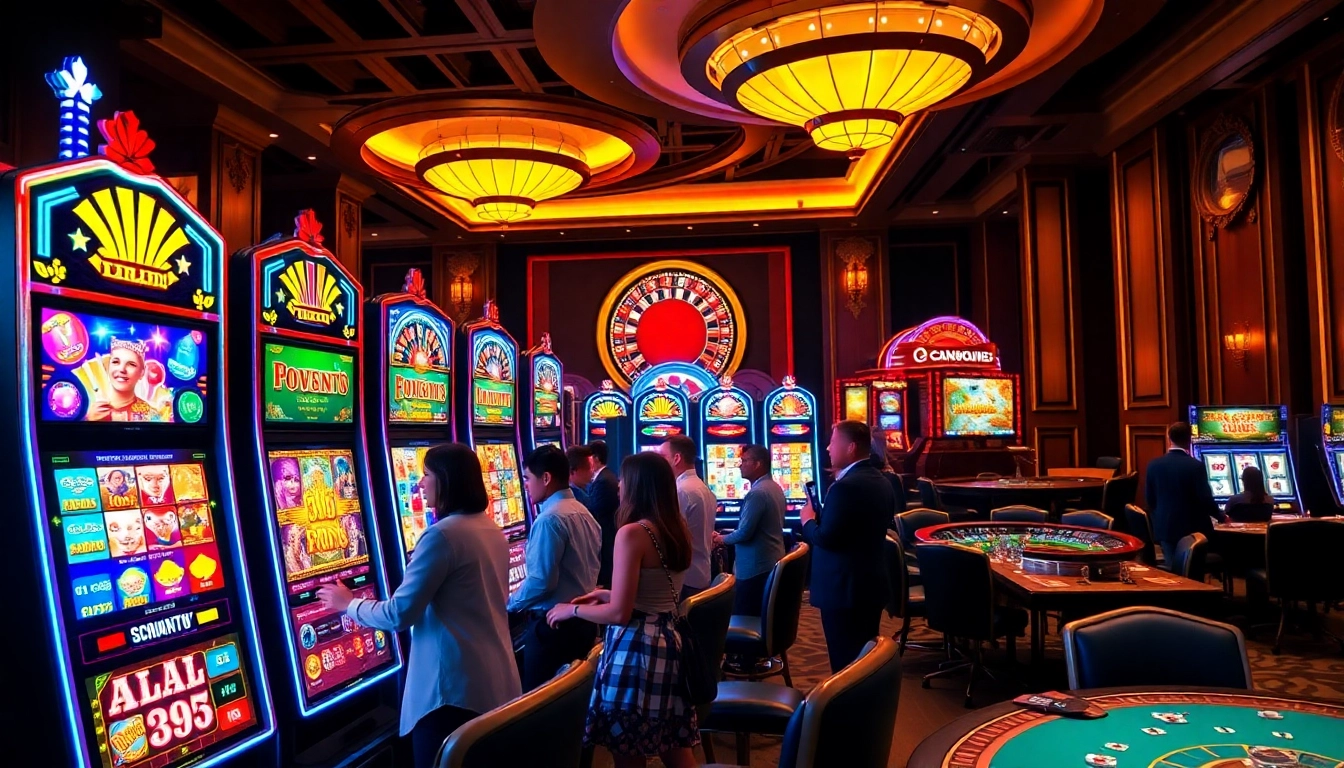 Players winning on idnslot machines in a vibrant casino environment filled with lights and excitement.