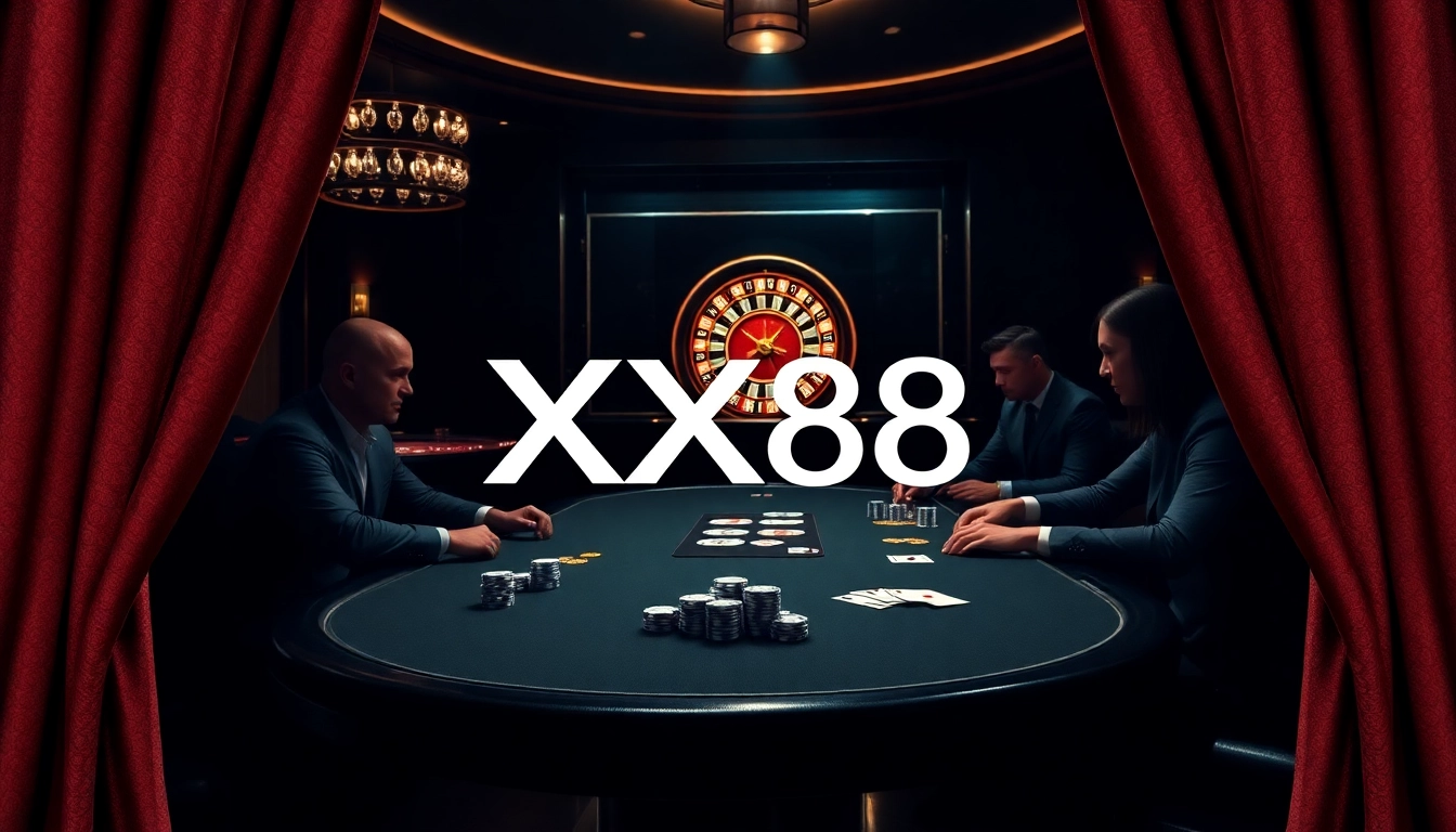 Exciting casino experience at XX88 with high-stakes poker players and chips.