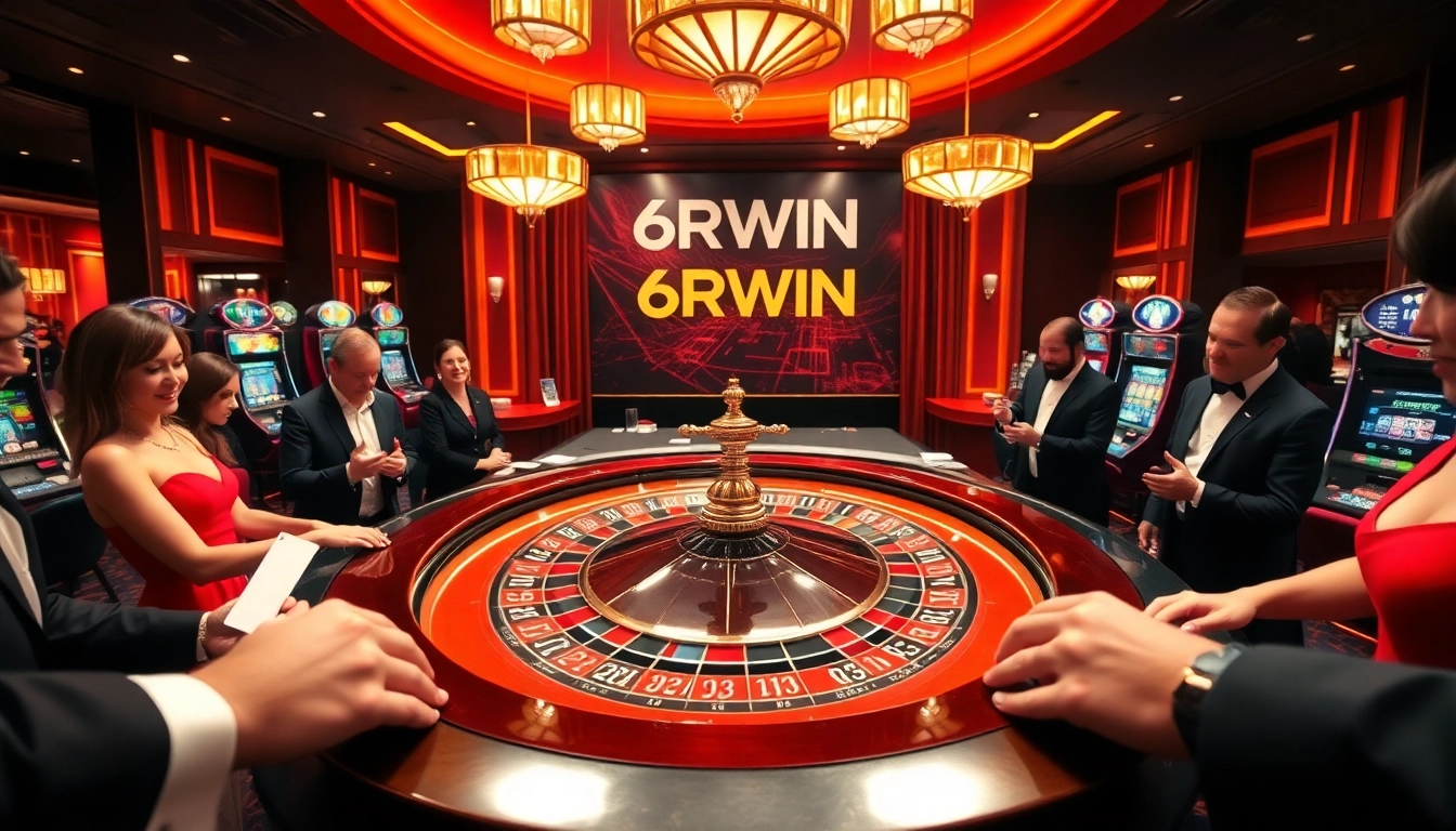 Exciting casino scene featuring roulette at 6RWIN with players and croupiers