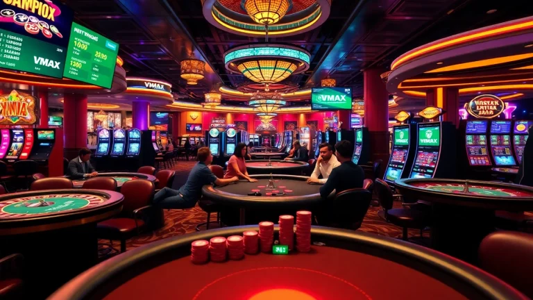 Experience the excitement of VMAX with players at a high-stakes poker table showcasing vibrant casino elements.