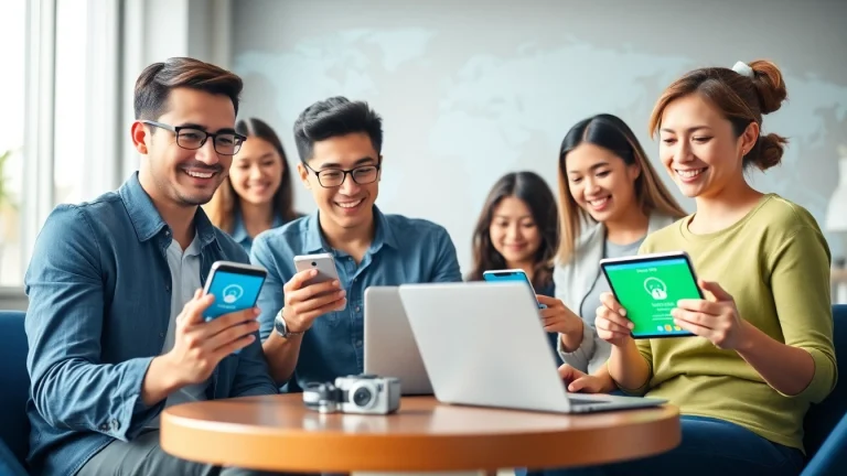 快连官网 interface displayed on multiple devices in a modern, vibrant setting showcasing seamless connectivity.