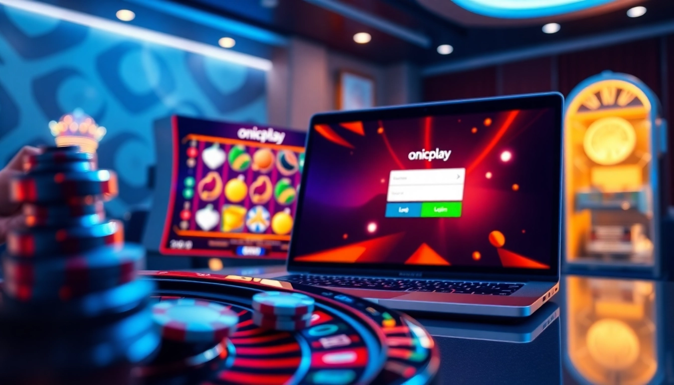 Experience the thrill of onicplay login with vibrant slot machines and casino elements.