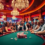 Players engage in an exciting poker game at BDJL casino, surrounded by vibrant slots and lively atmosphere.