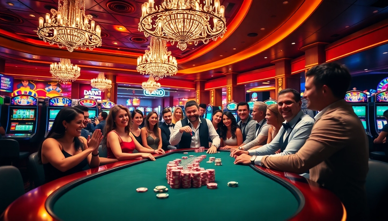 Players engage in an exciting poker game at BDJL casino, surrounded by vibrant slots and lively atmosphere.