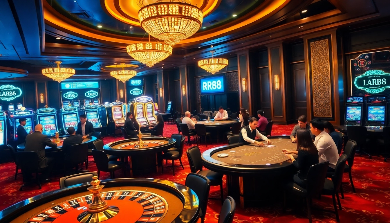 RR88 players enjoying a thrilling casino experience with roulette, poker, and slot machines.