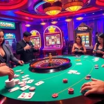 Gamblers enjoying an exciting game at 555win casino, with roulette and slot machines glowing.