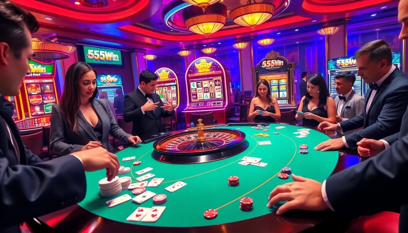 Gamblers enjoying an exciting game at 555win casino, with roulette and slot machines glowing.