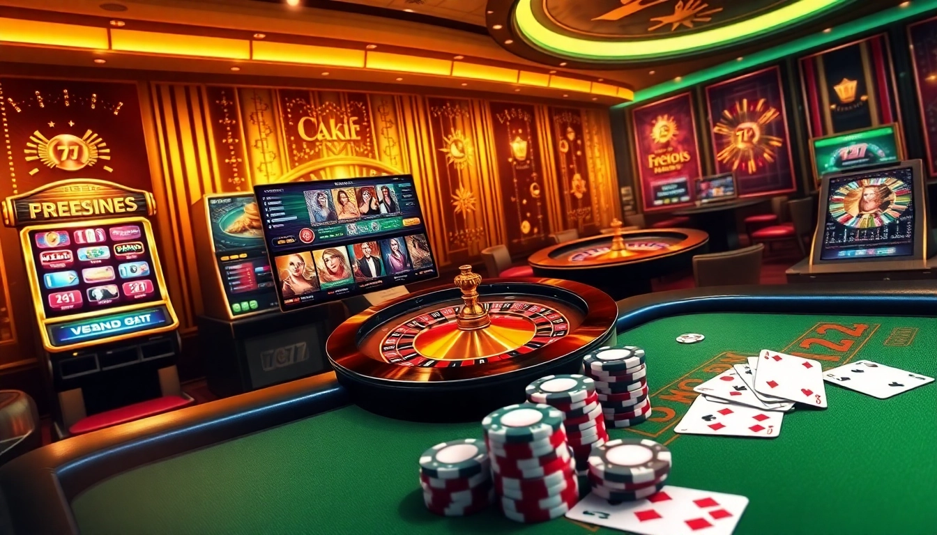 The 7c77 app showcases vibrant casino games with poker chips, slot machines, and roulette wheels.