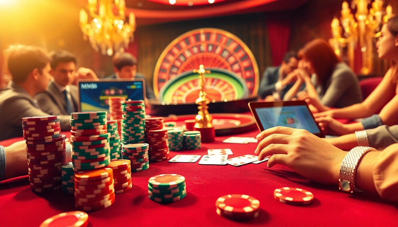Experience high-stakes gameplay at https://mm888.media/ with vibrant poker chips and cards on a luxurious table.