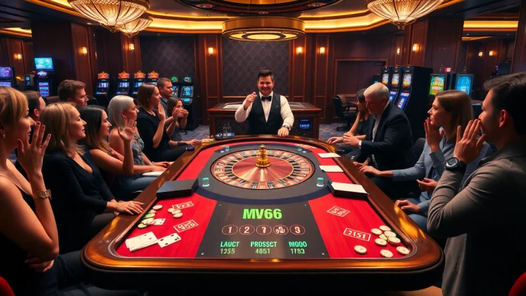 Gamblers enjoying a lively MV66 casino table game experience with vibrant cards and chips.