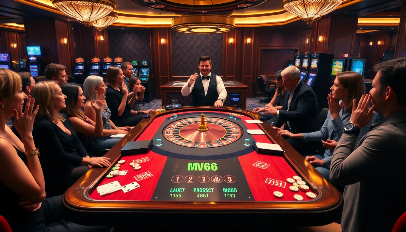Gamblers enjoying a lively MV66 casino table game experience with vibrant cards and chips.
