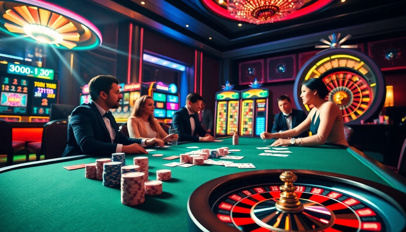 Players strategizing at a poker table in a luxurious casino, highlighting game vmax excitement.