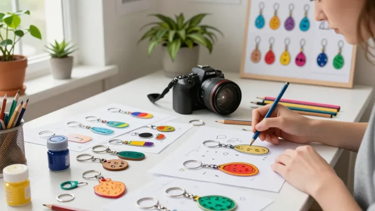 Vibrant custom keychain designs being created in a bright workspace, showcasing a variety of materials and inspired atmosphere.