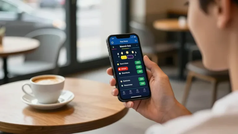 Player accessing Link Alternatif for sports betting on smartphone at coffee shop, showcasing vibrant app interface and relaxed atmosphere.