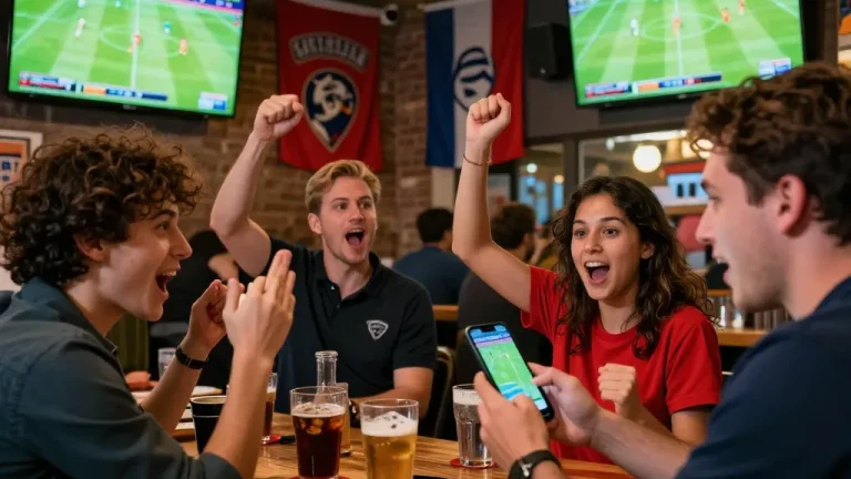 Bets on Bola Online being placed during an intense live football match at a sports bar