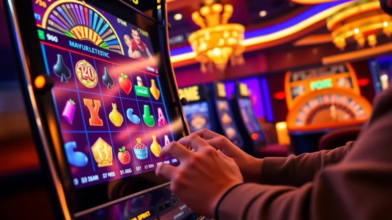 Players enjoying a PG slot demo on a sleek casino machine, showcasing vibrant colors and thrilling graphics.