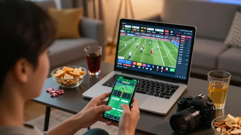 Engaging in online sports betting with ATQ app on mobile device in a cozy living room setup