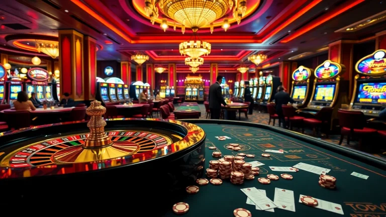 Topvin casino action featuring an immersive scene with roulette, poker tables, and vibrant slot machines.