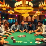 Players enjoying an intense poker game at the 888new casino, surrounded by vibrant casino elements.