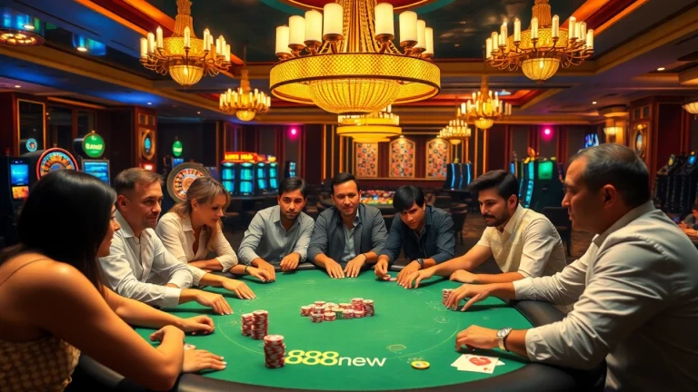 Players enjoying an intense poker game at the 888new casino, surrounded by vibrant casino elements.