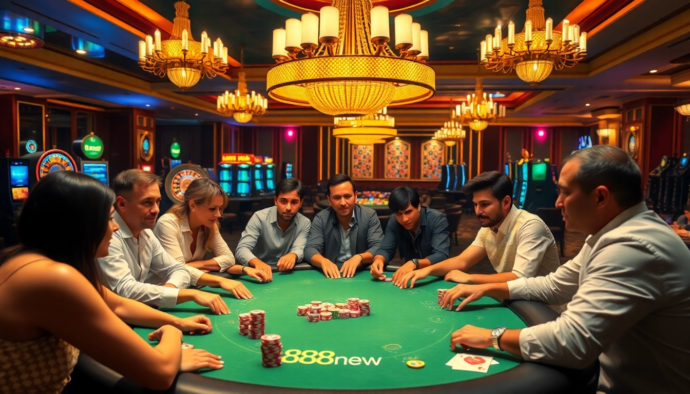 Players enjoying an intense poker game at the 888new casino, surrounded by vibrant casino elements.