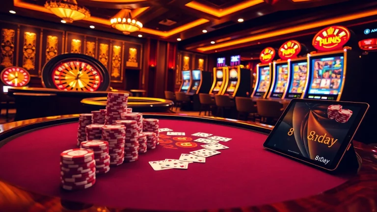 8day's exciting casino scene with luxury poker tables and vibrant slot machines.