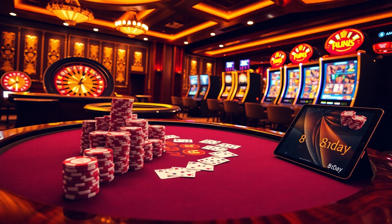 8day's exciting casino scene with luxury poker tables and vibrant slot machines.