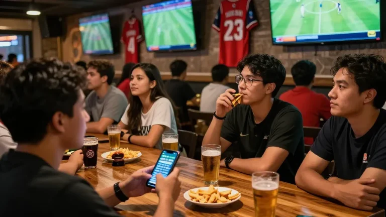 Excited sports bettors analyzing kèo nhà cái while enjoying live football matches at a vibrant sports bar.