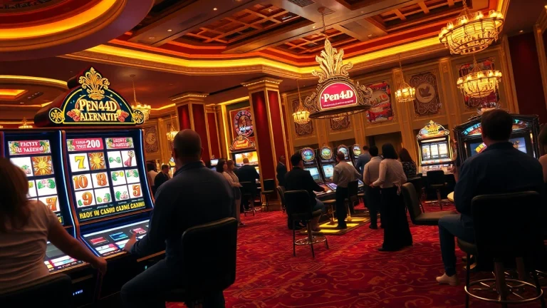 Exciting Pen4d alternatif slot machine lighting attracts enthusiastic gamblers in a luxury casino.