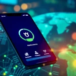 快连下载应用程序界面展示在智能手机上，突出网络加速和全球连接。