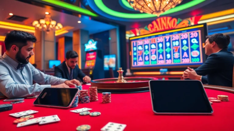 S8 casino scene showcasing high-stakes poker with luxury elements and modern devices.