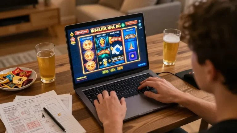 Engaging gameplay on slot gacor hari ini as player spins on laptop in a cozy home setting