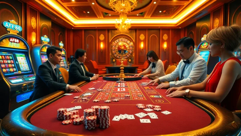 Experience high-stakes action at AF88's vibrant casino with poker tables, chips, and gaming excitement.