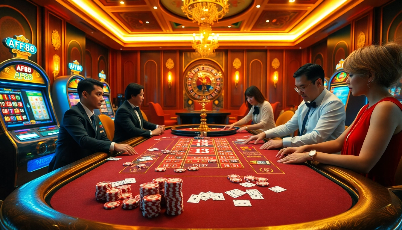 Experience high-stakes action at AF88's vibrant casino with poker tables, chips, and gaming excitement.