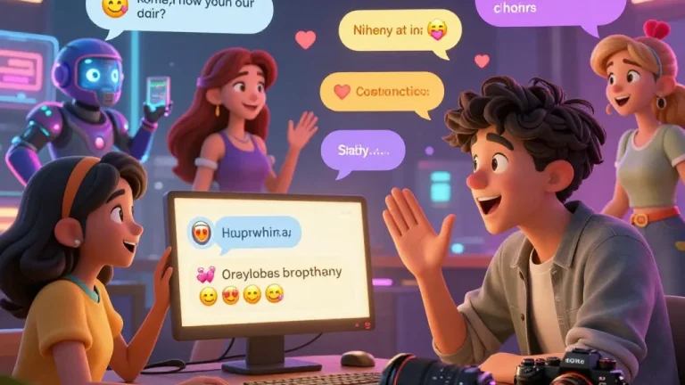Engaging NSFW character AI chat interactions with vibrant animated characters and user in a futuristic digital setting.