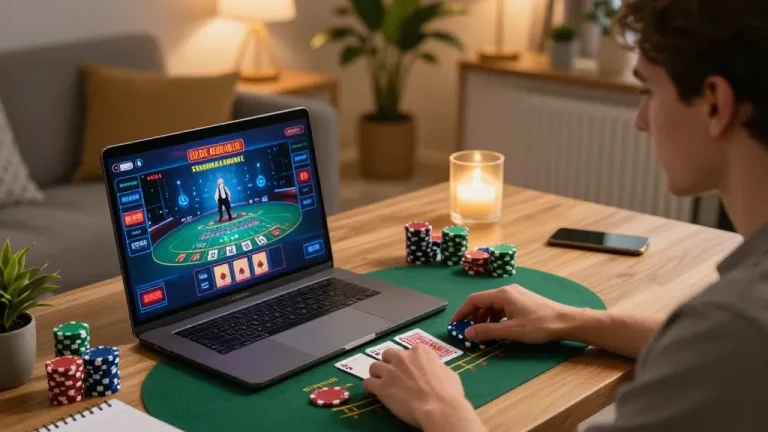 Engaging in a live blackjack game on 789WIN with a cozy home setup.