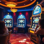 Players enjoying the IDNslot casino experience at vibrant slot machines with poker chips and cards.