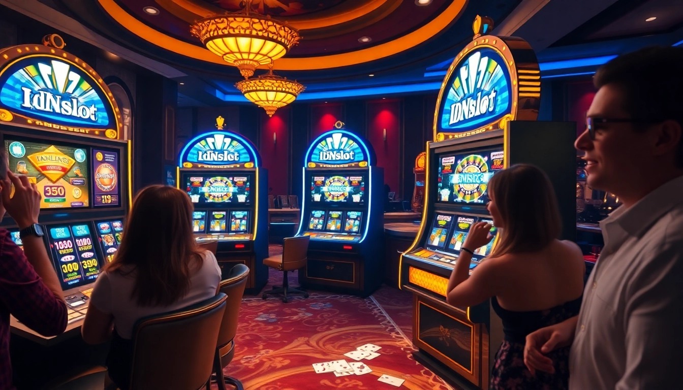Players enjoying the IDNslot casino experience at vibrant slot machines with poker chips and cards.