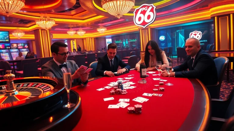 Exciting poker action at PG 66 casino, featuring vibrant casino elements and professional players.