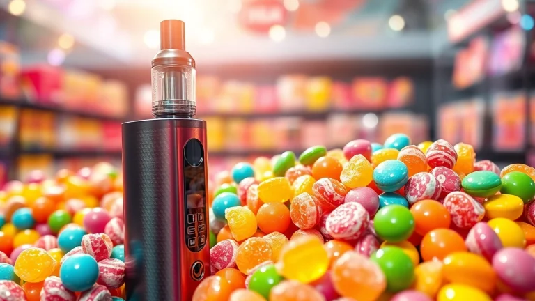 Experience the vibrant world of candy vape pen amidst colorful candies, capturing energy and style.