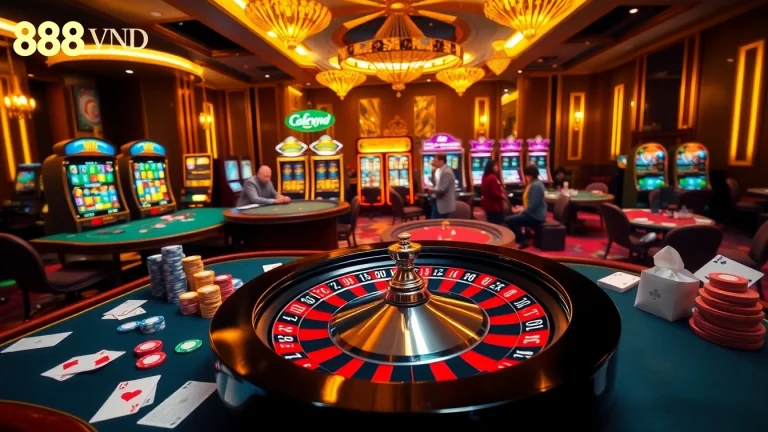 Experience thrilling gaming at 888VND with colorful chips on an elegant casino table.