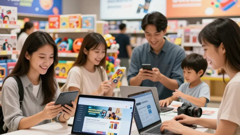 Exciting shopping experience at https://hubet88.icu/ with diverse shoppers exploring colorful merchandise.