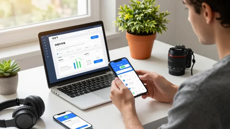 快连下载应用在现代工作空间中对Android的演示，突出网络连接和用户体验。