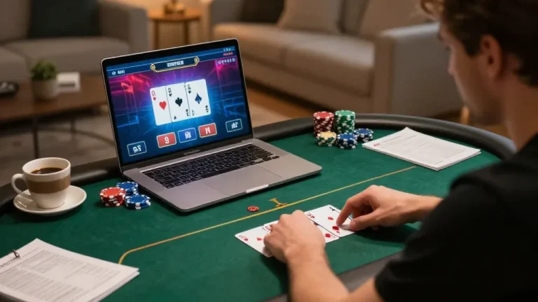 Engaging online poker session at https://56win.bid/ showcasing player strategy and focus in cozy home atmosphere
