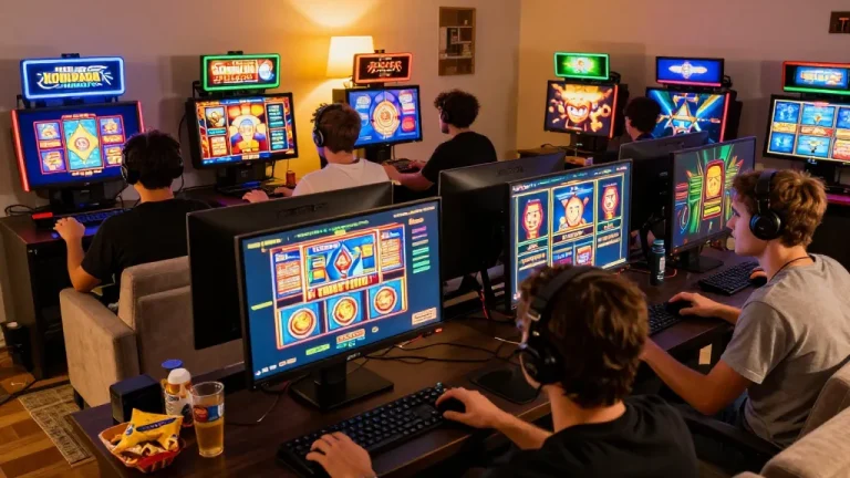 Players enjoying Koinvegas slot games on digital screens in an inviting home atmosphere